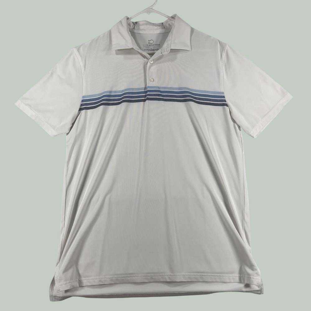 Southern Tide Mens White Blue Striped Performance Polo Shirt Large 8936